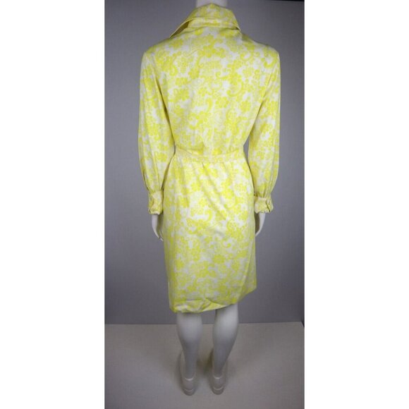 VINTAGE 1970s WOMEN'S CANARY YELLOW PRINT LONG SLEEVE SHIRT DRESS - HOBNOBBER - - Picture 9 of 12